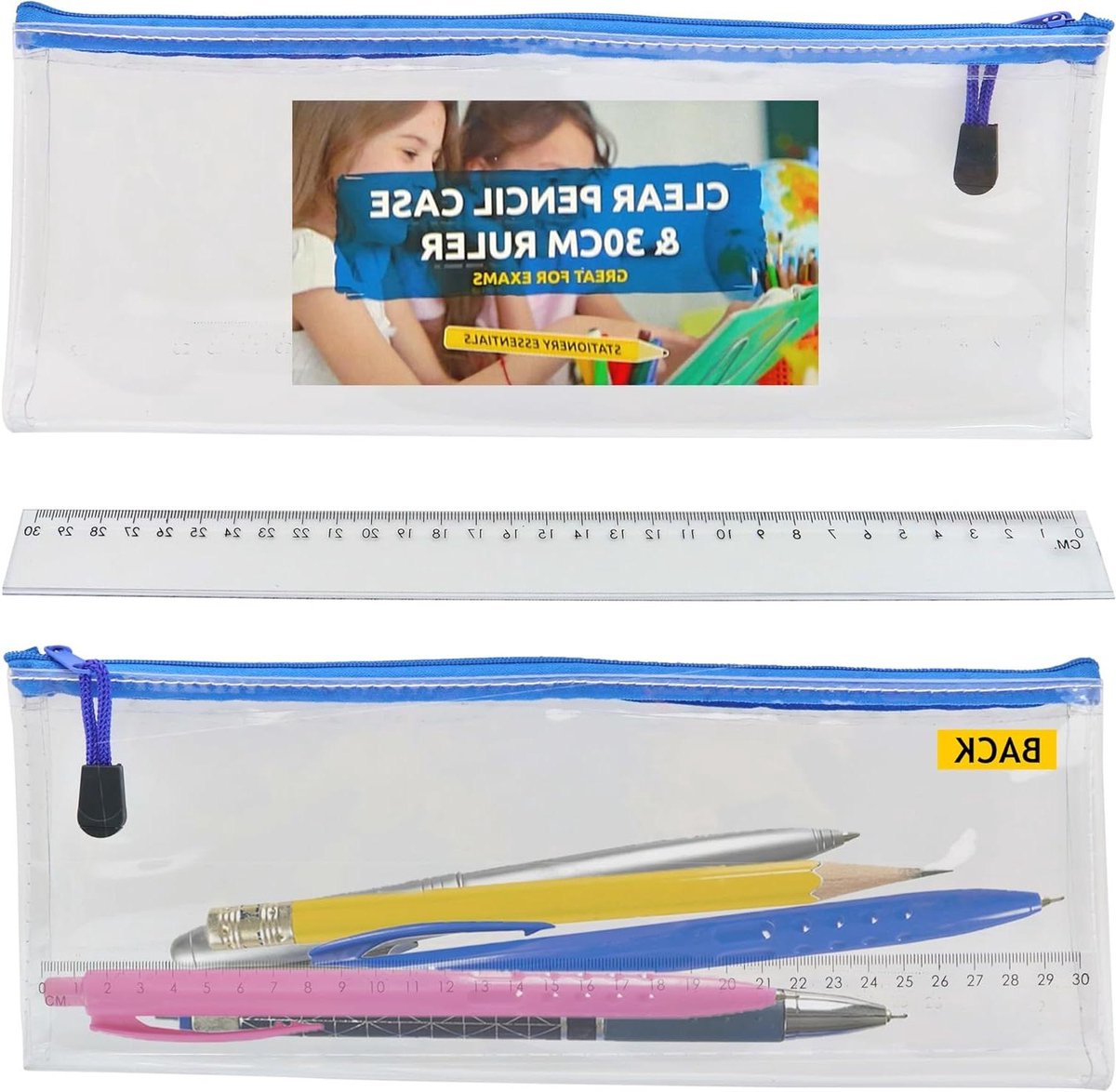 Etui met Liniaal - Transparant etui - Examen Voorbereiding - Past op 30cm liniaal - 32cm lang - Transparant