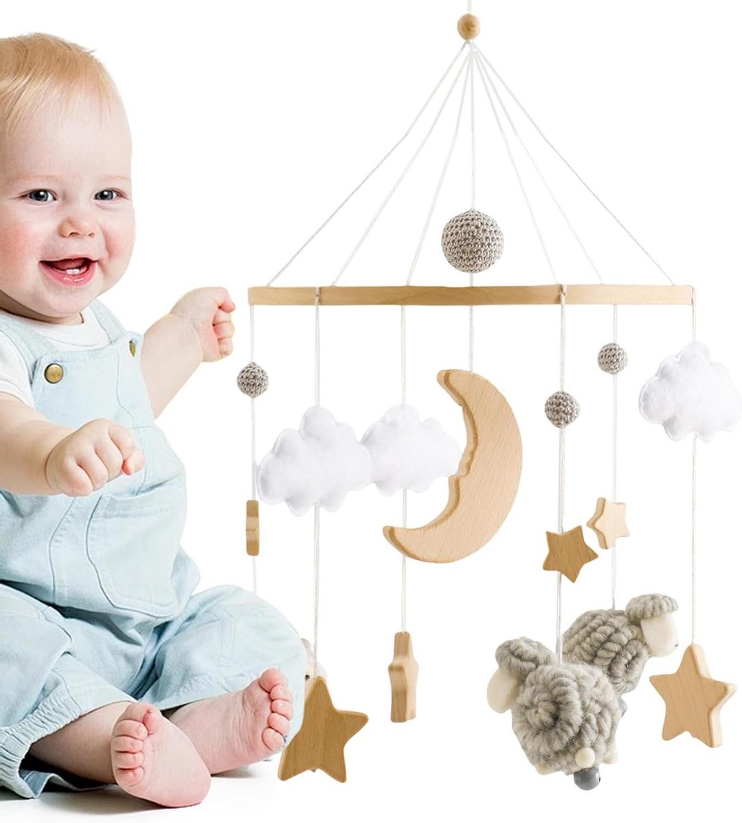 Babybed Mobiel - Muziekmobiel Wieg - Baby Ontwikkeling - Hout Materiaal - 43 x 225 cm - Grijs