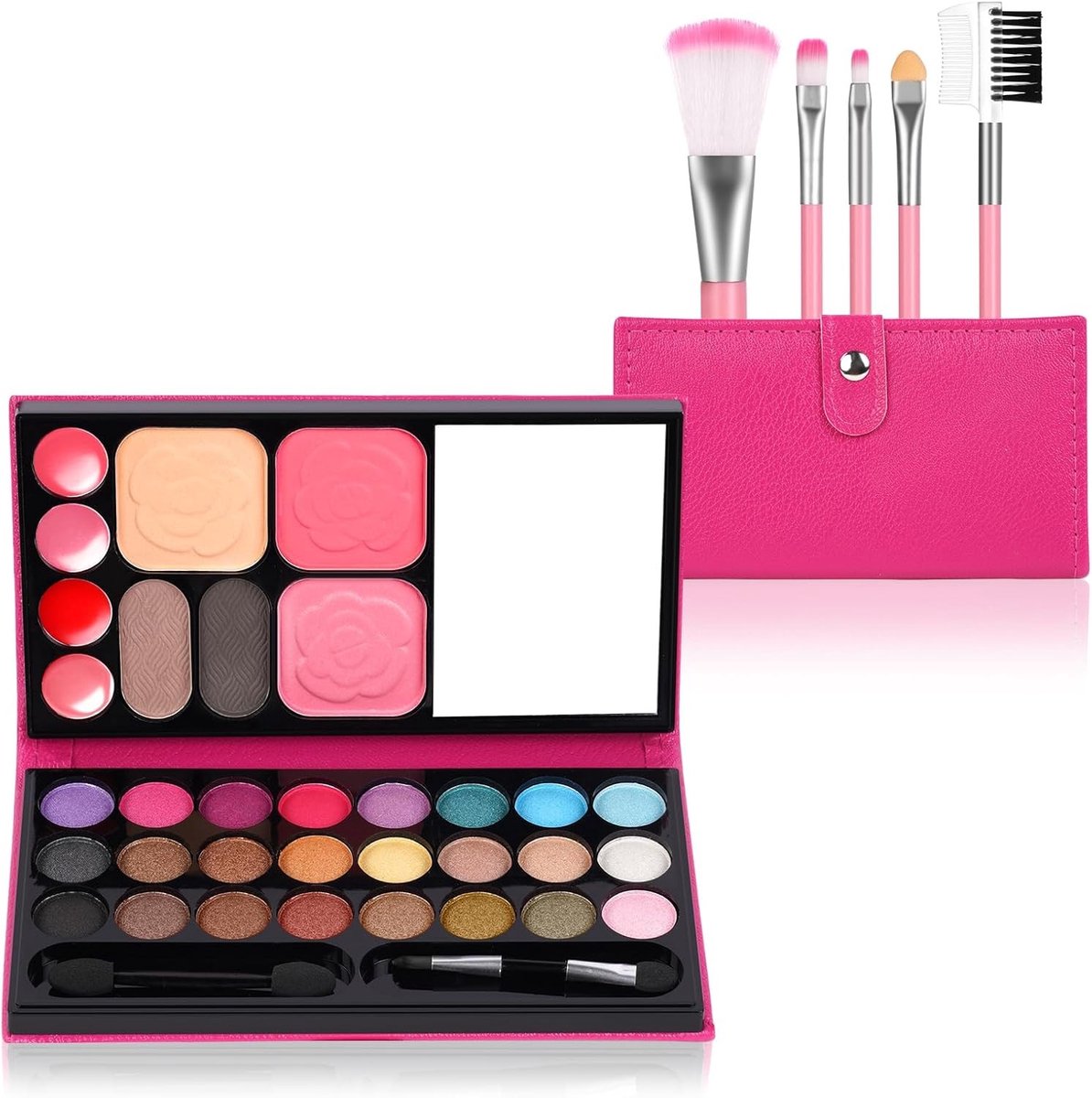 Make-upkoffer voor meisjes - Roze rood - 6 Stuks - Wasbare en Niet-toxische Make-upset met 5 Borstels - Speelgoed voor Kinderen