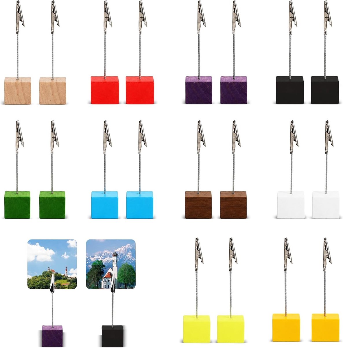 Fotohouders met Klemmen - Kleurrijk - 9 cm Hoog - Houten Fotostandaard met Metalen Clip - Voor Tafel en Decoratie