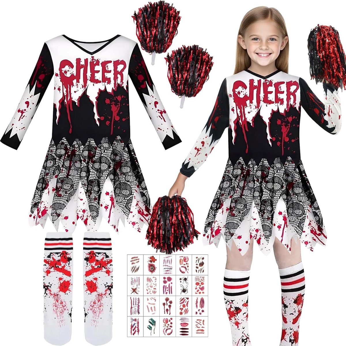 Halloween Zombie Cheerleader Kostuum voor Kinderen, 5-delig, Griezelige Cheerleader Outfit voor Feest, Carnavalskleding, Cosplay en Horror Thema's