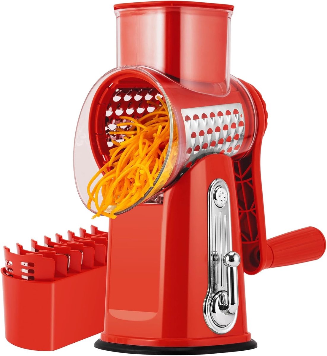 Elektrische kaasrasp - Rood - Handmatig met 5 messen en zuigbasis - Multifunctionele groentesnijder voor de keuken