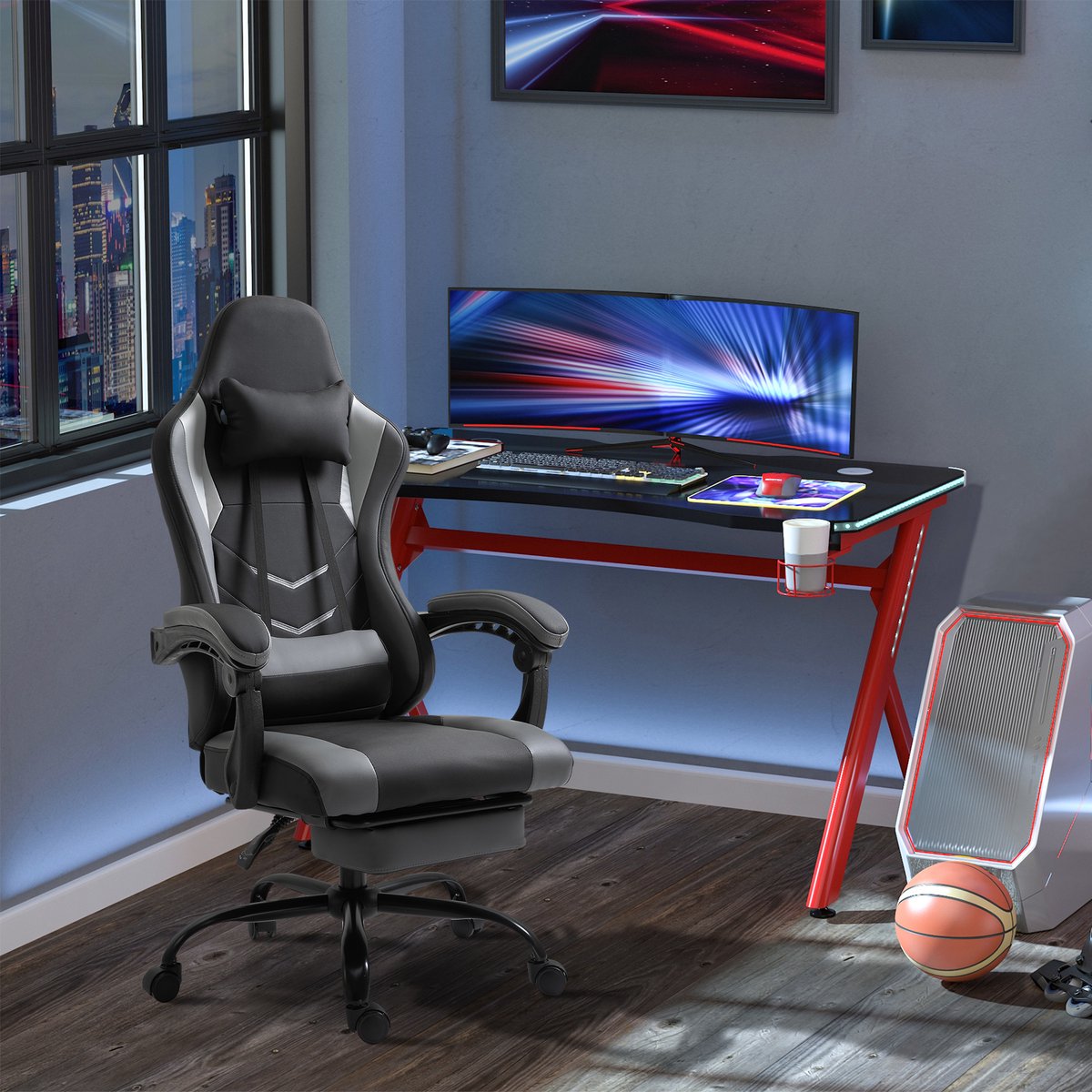 MIVRAY Gamingstoel 62 x 52 x 122-128 cm - Ergonomisch Met Rugleuning Tot 160 Graden En Voetsteun - Voor Kantoor En Gamen - Schuimvulling - Zwart Grijs