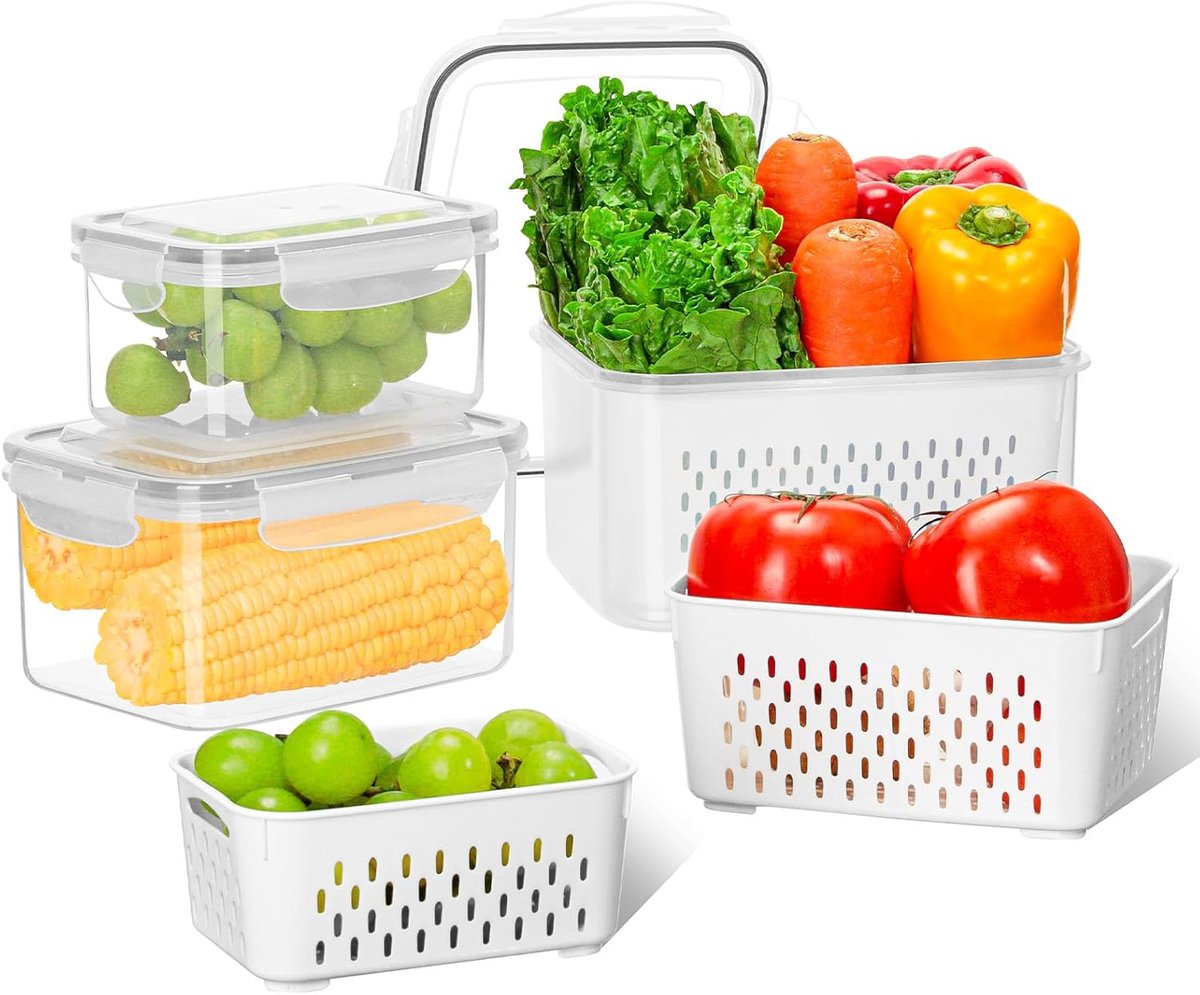 Bobypet - Vershoudbakjes - Koelkast organizers met deksel - 3-delige set - Met uitneembaar filter - Stapelbare voedselbewaarcontainers voor koelkast en keuken - 3300ML+1750ML+850ML - Grijs