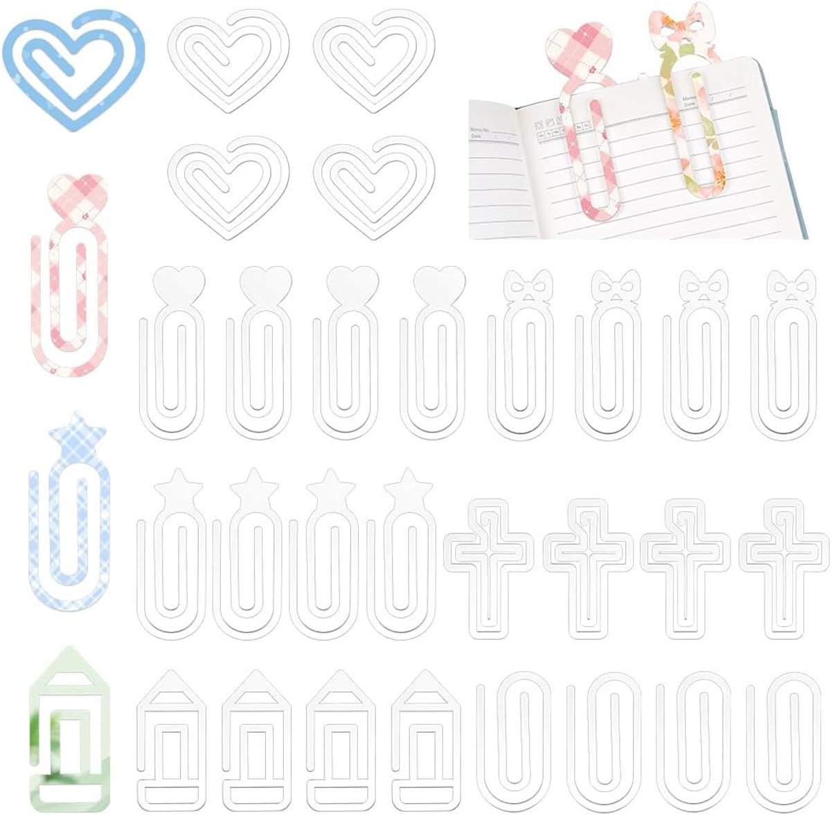 28 Stuks Sublimatie Acryl Paper Clips in 7 Stijlen - Hart, Kruis en Pen Vorm - Transparante Blanks voor Kantoor, Schoolbenodigdheden en Creatieve DIY Projecten