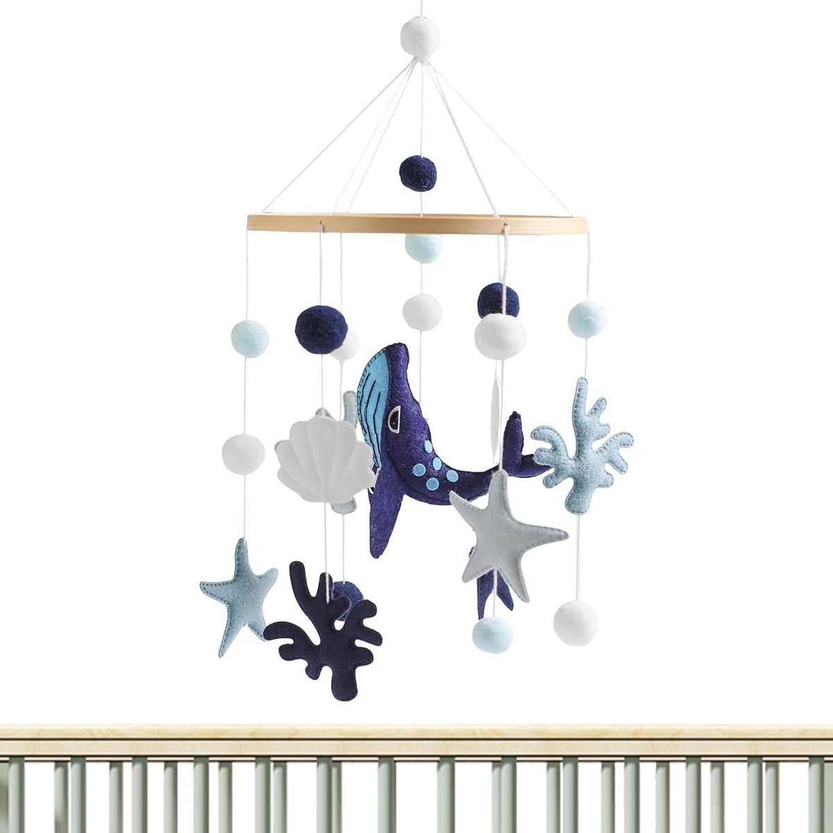 Babywieg Mobiel - Zeemobiel Houten Mobiel - Babykamer Decoratie - Stimuleert Zintuigen - 46 x 197 cm - Blauw