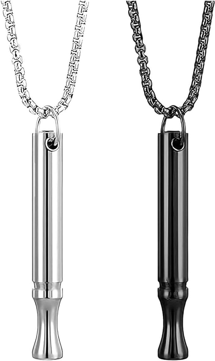 Meditatieketting met Anti-Stress Fluitje van Gepolijst RVS voor Ademhaling en Ontspanning, 2 Stuks, Zilver en Zwart, Ademhalingshalsketting, Stressvermindering, Meditatieaccessoires
