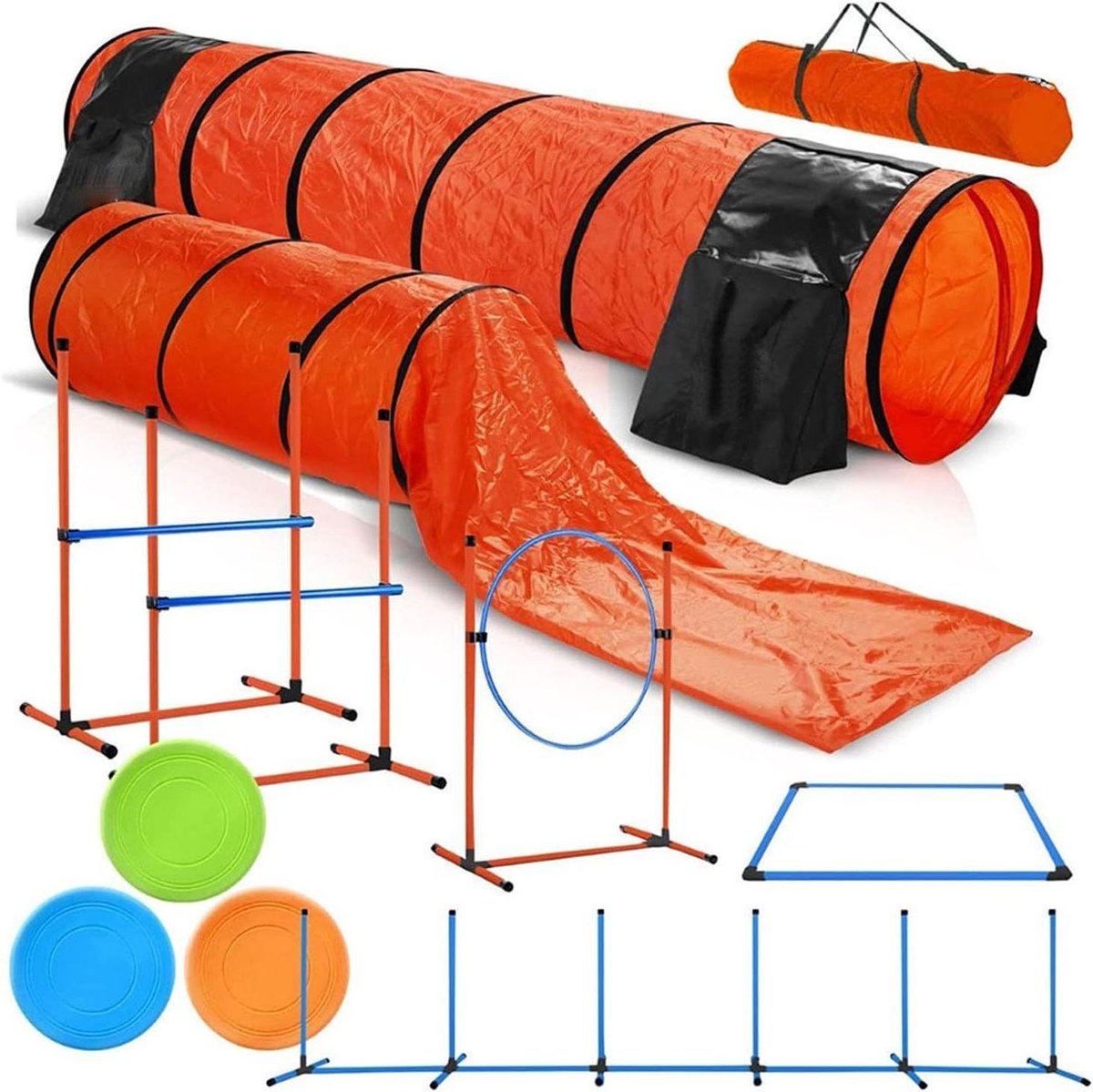 Behendigheidstrainingsset Honden - Hondenparcours Hondenspullen - Hondentraining Buiten - Inclusief Twee Hondentunnels - 7 Delige Set - Oranje Blauw