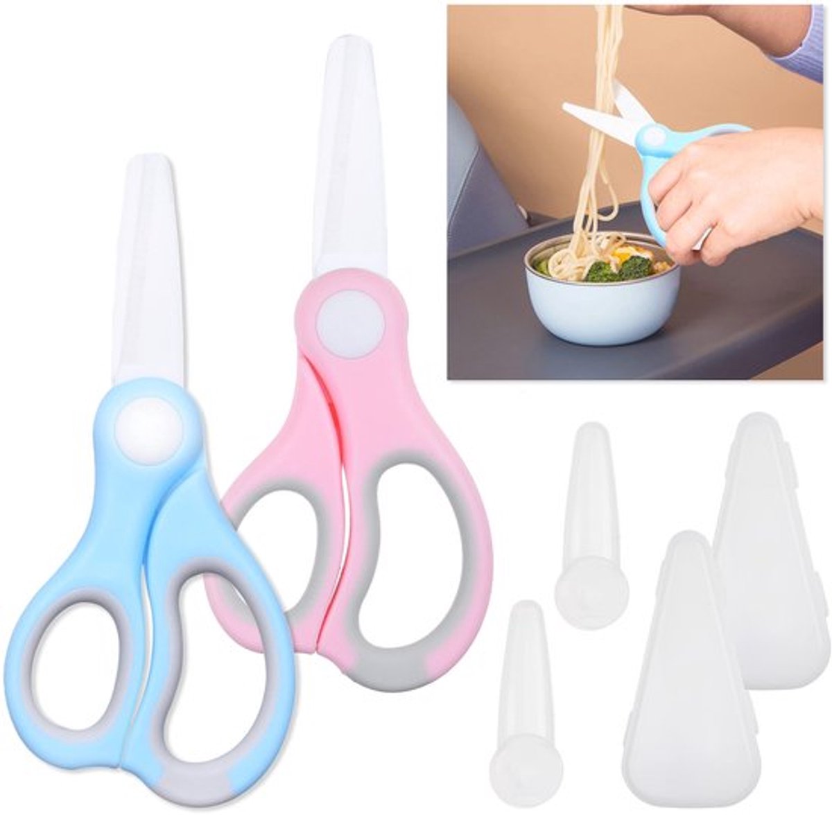 Babyvoeding Schaar Keramisch - 2x Blauw/Roze - Met Stofhoes - Opbergetui - Ideaal voor Knippen van Vlees/Groenten - Handmatig Schoonmaken - Voedingsschaar