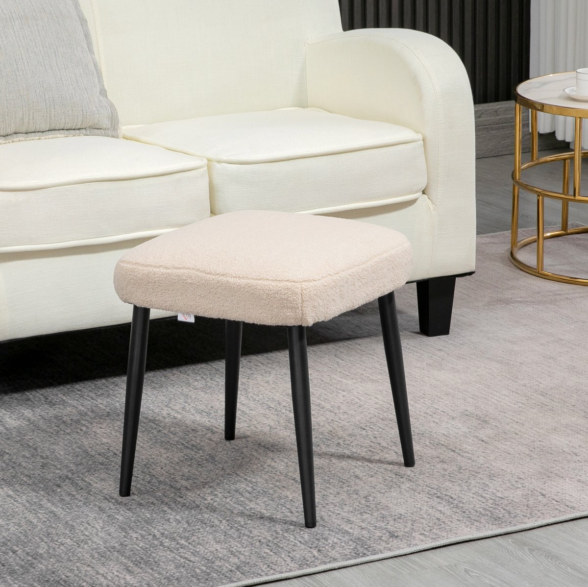 Hocker – 42 x 42 x 47 cm – Kasjmierlook – Stof en Staal – Beige – Voor Binnen, Zit- en Voetensteun