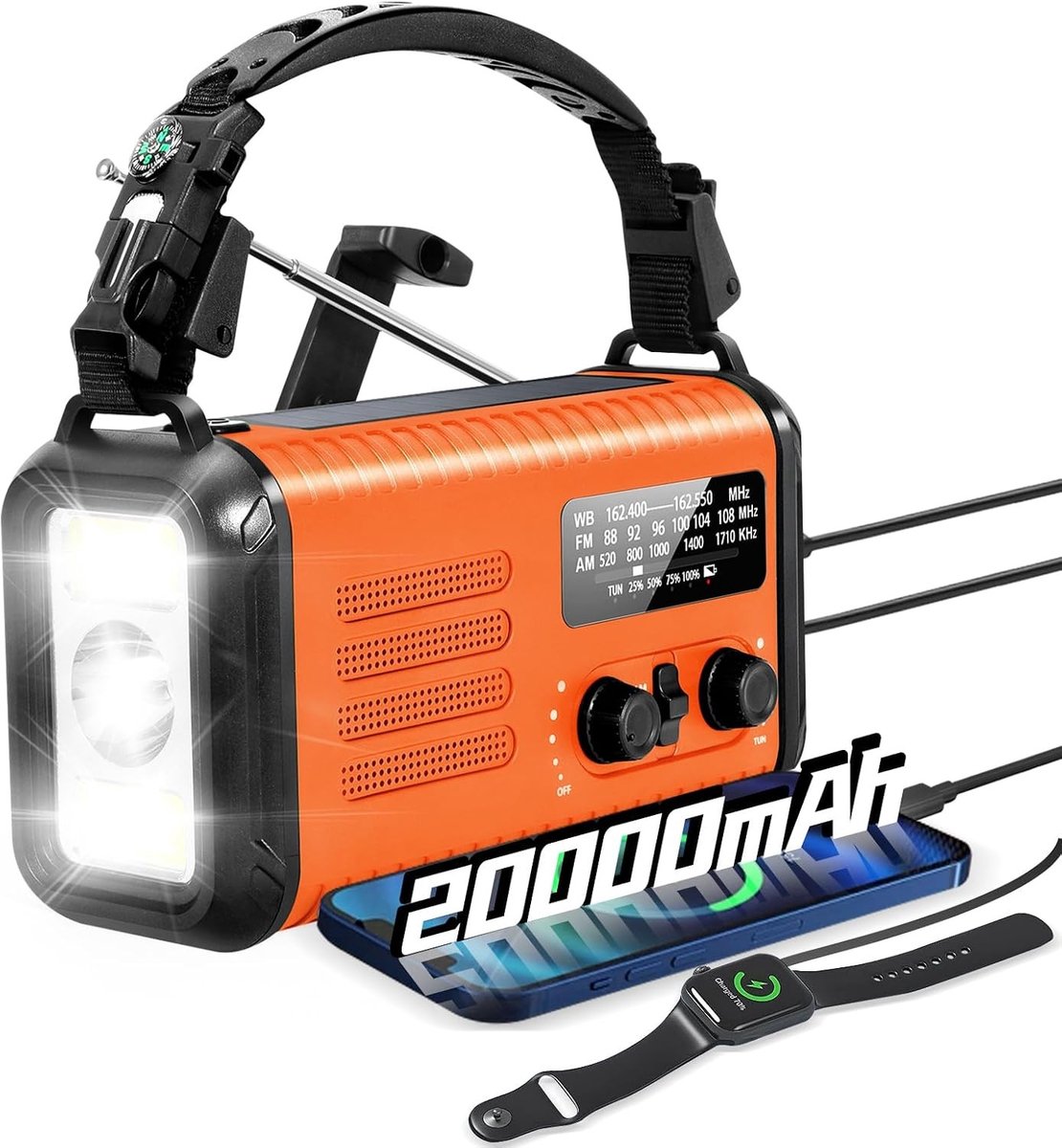 Noodradio solar en opwindbaar - Oranje - 17,6 x 10 x 7,6 cm - Draagbare AM/FM Weerradio met Zaklamp en Powerbank - Voor Outdoor en Noodgevallen