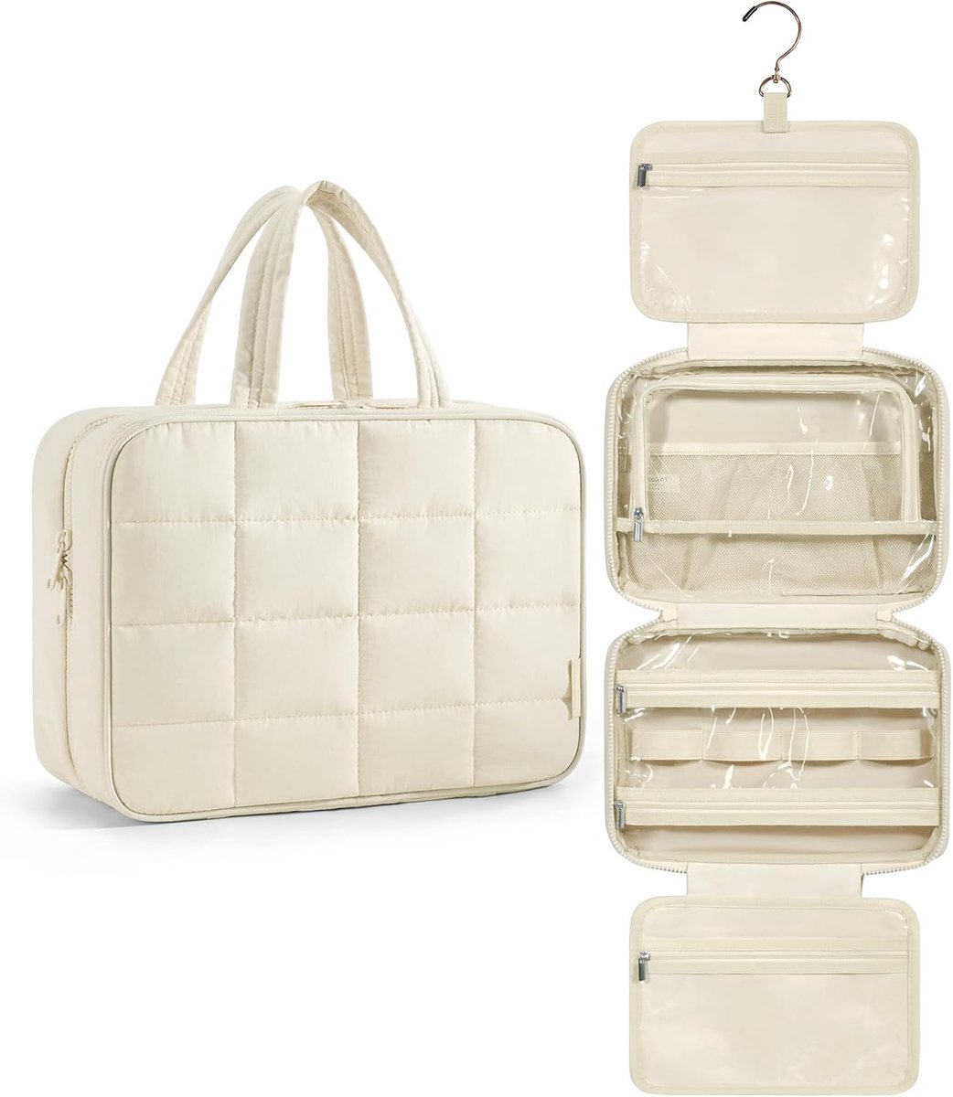 Reis toilettas - met sieradenschede - ophangbaar met vakindeling - voor cosmetica en verzorging - reisaccessoire - voor reizigers en zakenreizigers - beige - 1 stuk