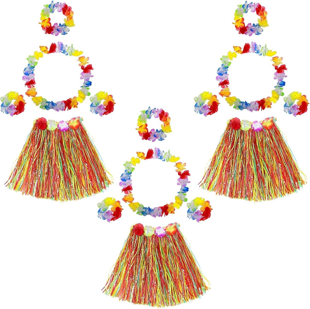 Tropisch Hawaii Kostuum voor Kinderen, 3 Sets Grasrokken, Hula Hoepels, Kraag en Hoofdbanden voor Feestjes en Verjaardagen