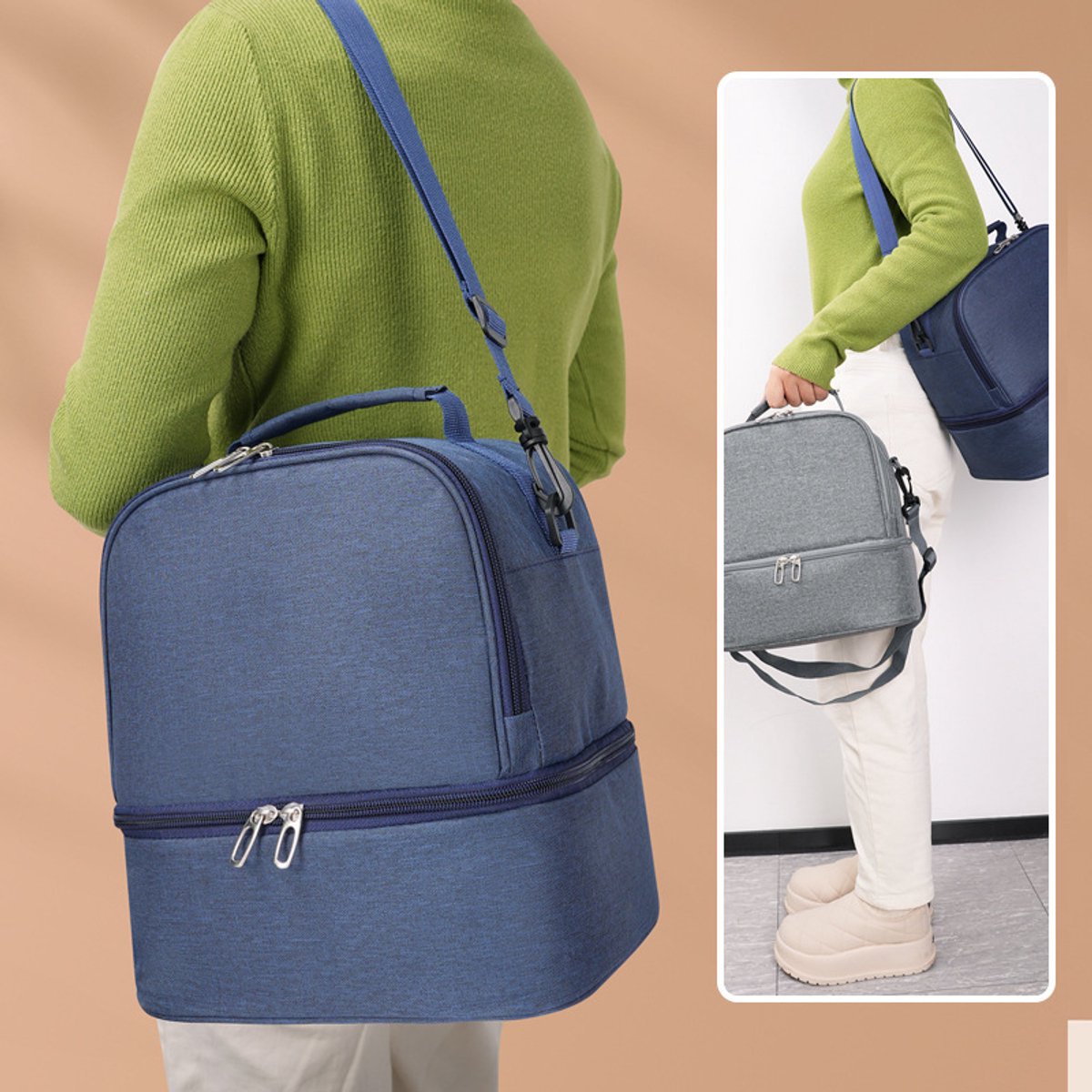 2-in-1 dubbellaags geïsoleerde tas met kationische coating, kan als schoudertas of rugzak gedragen worden, ruime lunchtas voor op het werk, multifunctionele tas voor babyverzorging - 25*19*25,5 cm