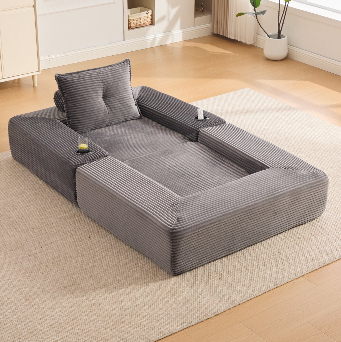 Wishdor Slaapbank - Opklapbaar - Zijvak en bekerhouder - Afneembare armleuning - Corduroy - Donkergrijs - 122 x 98 x 80 cm