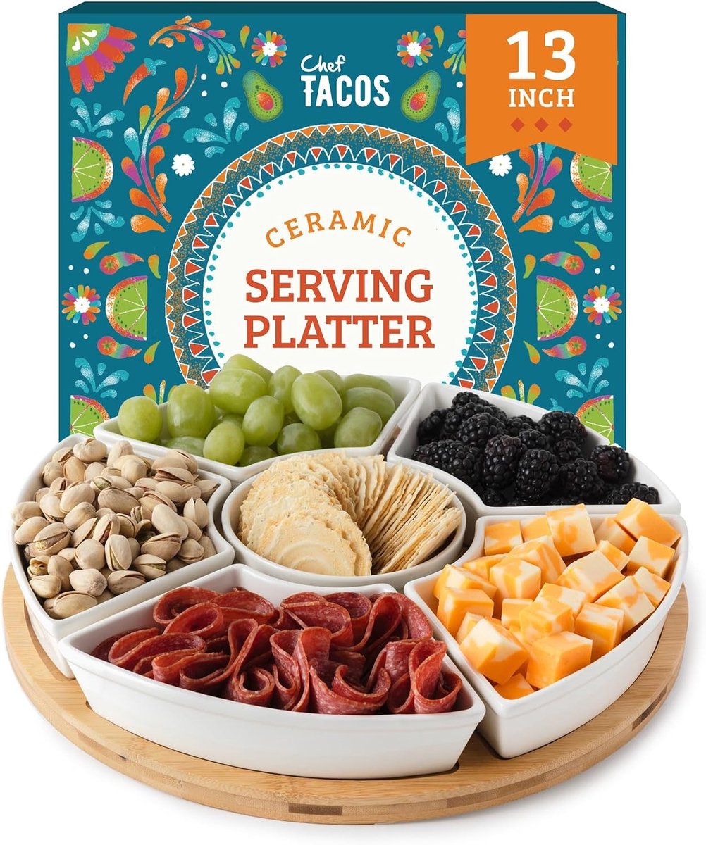 Tacohouder - Wit - 33 cm - Keramisch Draaiplateau met 6 Verwijderbare Compartimenten - Voor Feestelijk Serveren