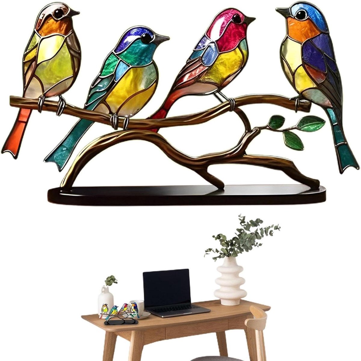 Glas Vogel Decoratie - Vogels op Tak - Woonkamer Decoreren - Realistische Vorm - 18.5 x 9.7 cm - Meerkleurig