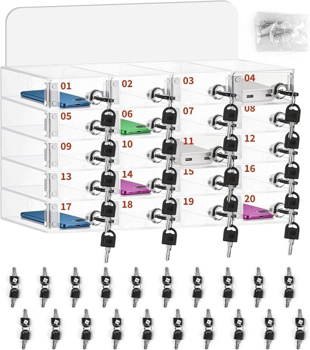 Telefoonkluis - Grijs - 20 Slots - Mobiele Telefoon Locker met Onafhankelijke Slotkoppen - Voor Bedrijf en School