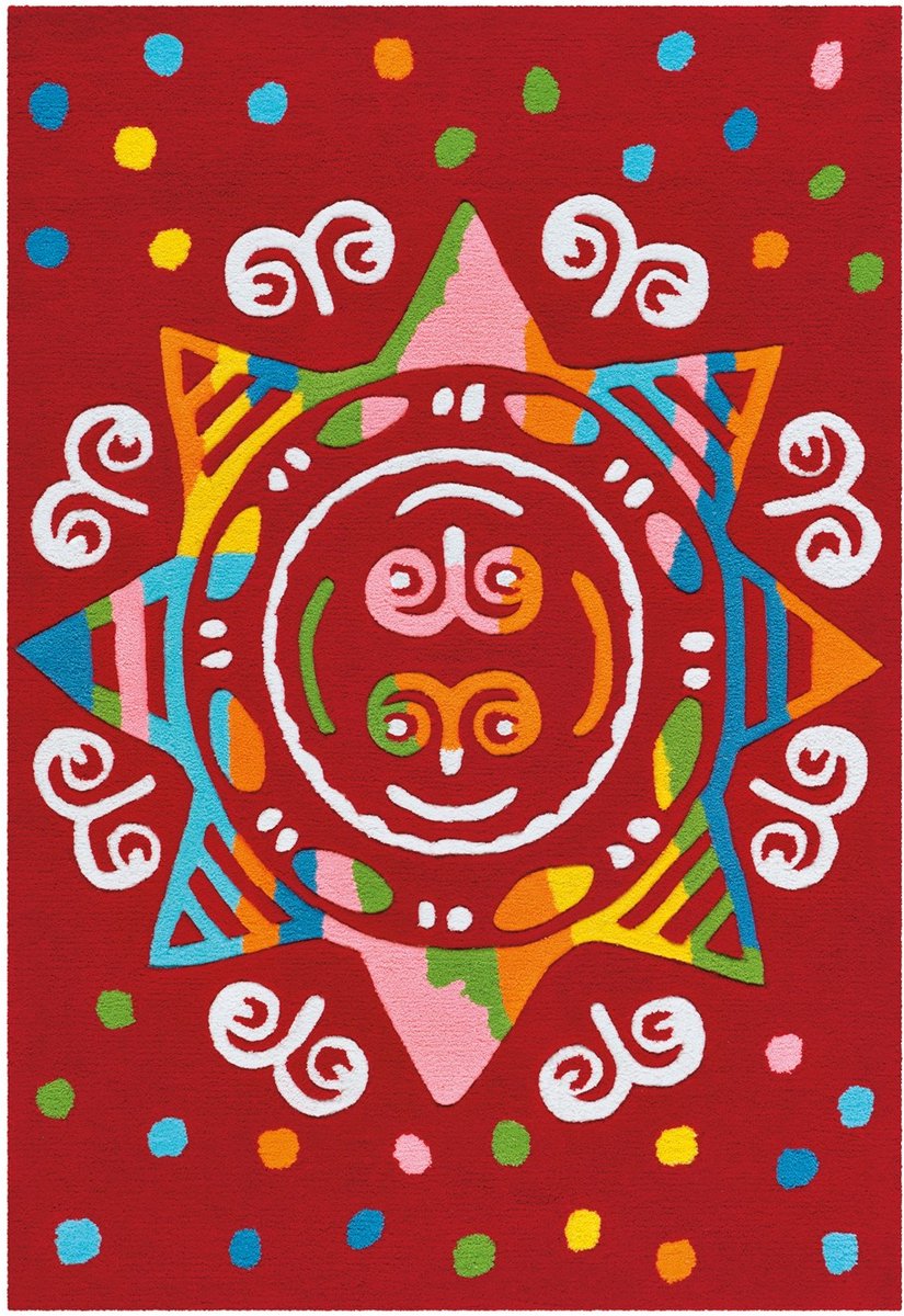 Padiro kindervloerkleed 110 x 160 cm - rood - speels kindermotief - met zonnemotief - geschikt voor vloerverwarming - van modacryl