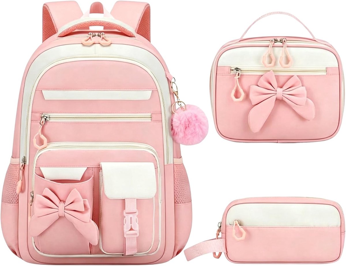 Ulisem - Schoolrugzak Meisjes - 3-Delige Rugzakset met Lunchtas & Etui - Grote Schooltas voor 15,6 Inch Laptop - Basisschool & Middelbare School -Roze