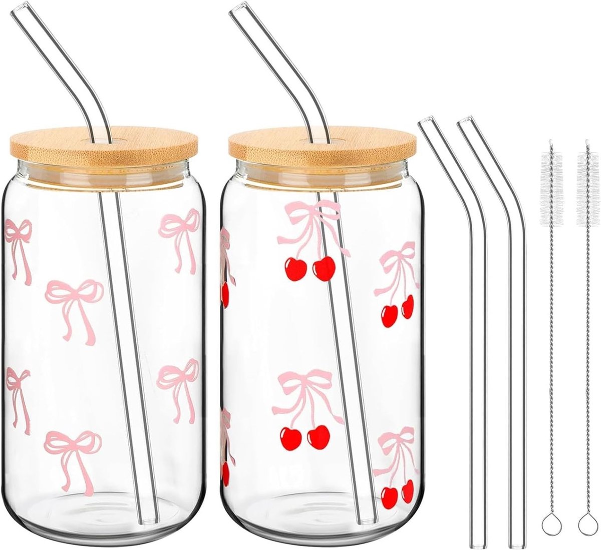 Ijskoffie glazen - Roze - 500 ml - Glas met Bamboedeksel en Glazen Rietje - Set van 2
