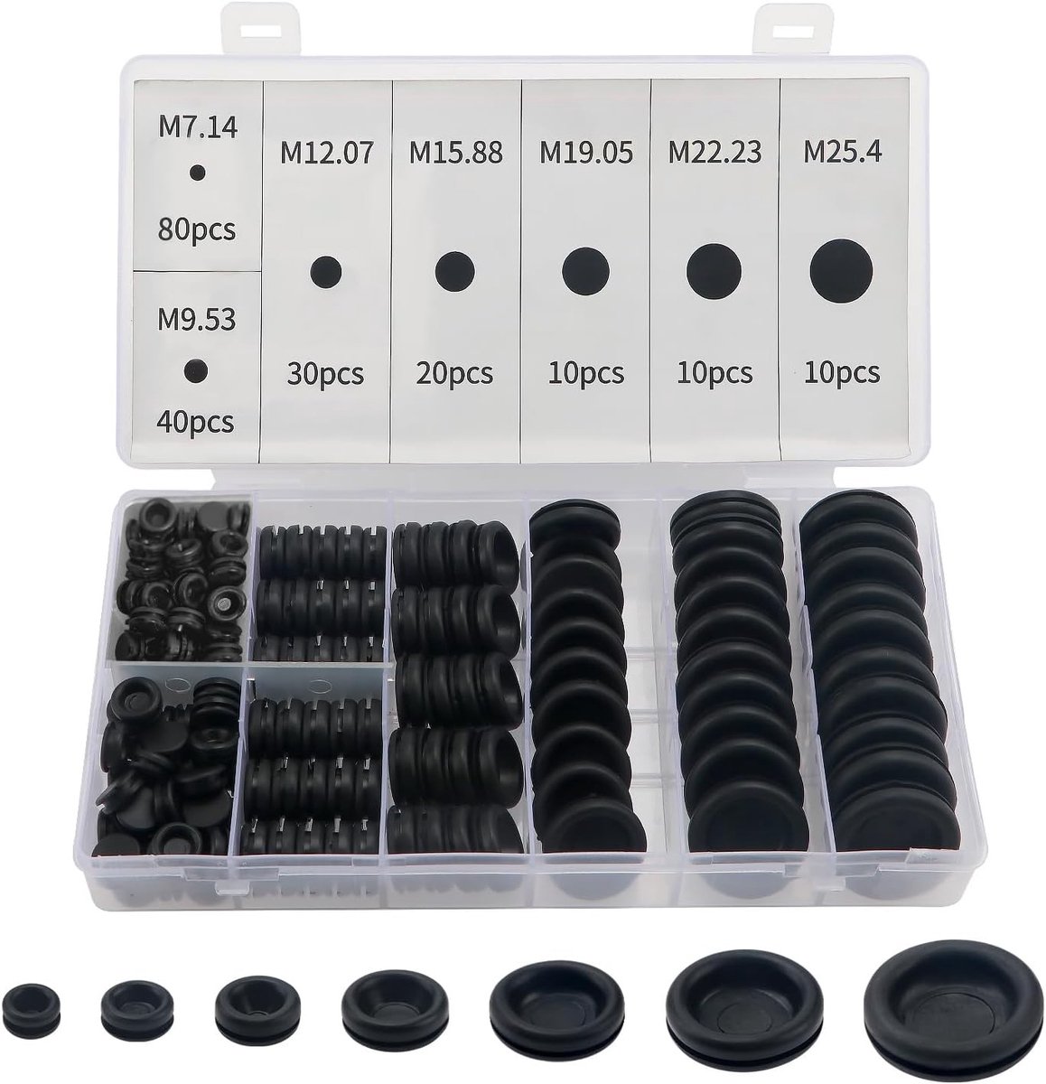 200 Stuks Rubber Grommets in 7 Maten, Ring voor Elektrische Aansluitingen, Zwarte Rubber Pluggen voor Bescherming van Draden en Kabels