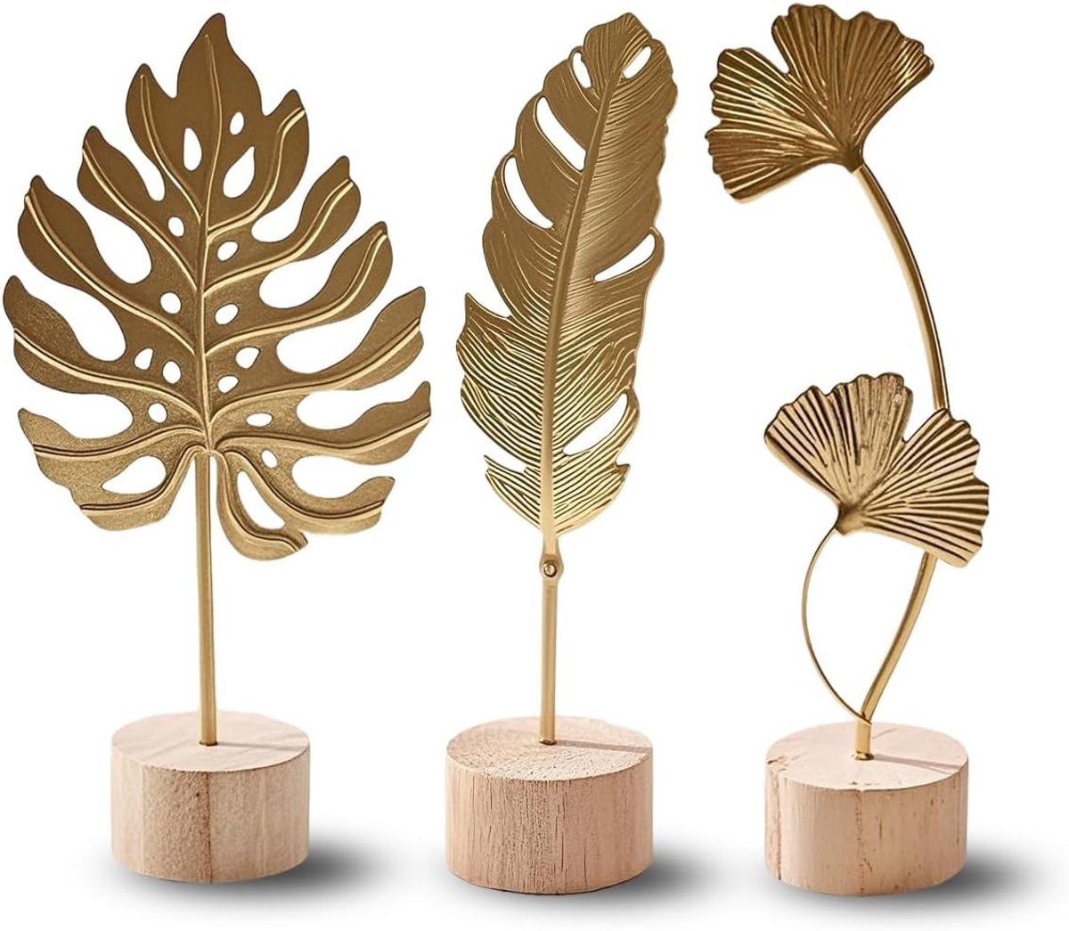 Set van 3 Gouden Metalen Sculpturen - Goud - SCULPTURE - Met Houten Basis - Voor Decoratie Thuis en Kantoor