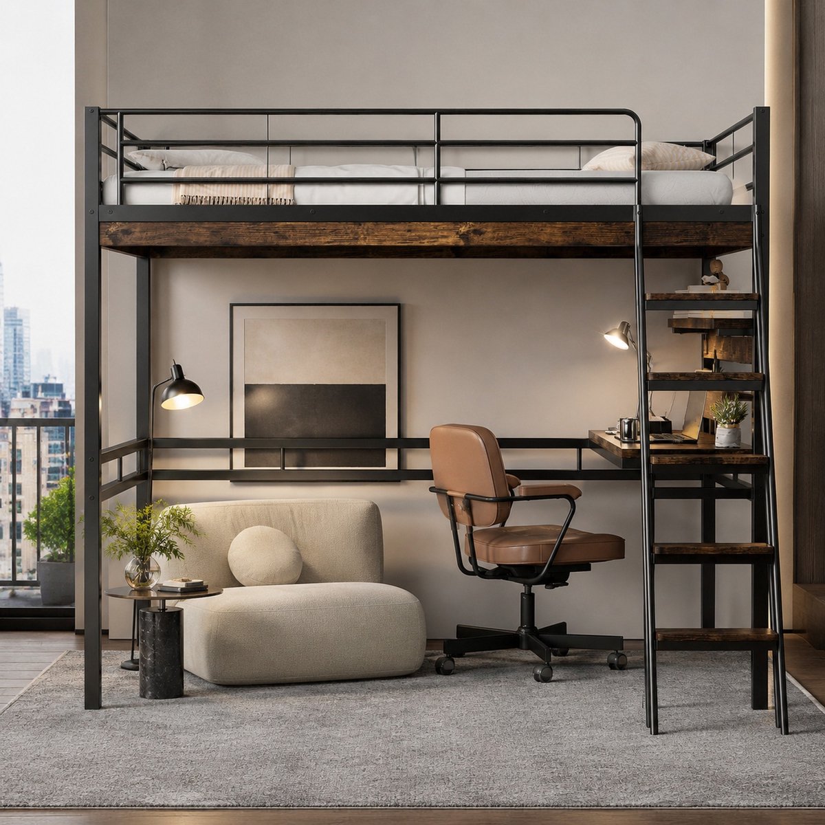COVREO Hoogslaper 90x200 cm zwart metaal MDF, bureau en opbergrekken