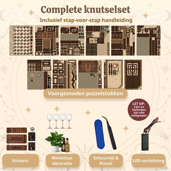 Onderdelen van de Lumann 3D puzzel 'Corner Tavern': voorgesneden stukjes, glaswerk, plant, flesjes, schuurvijl, pincet en LED-verlichting. Tekst: 'Complete knutselset, Inclusief stap-voor-stap handleiding'