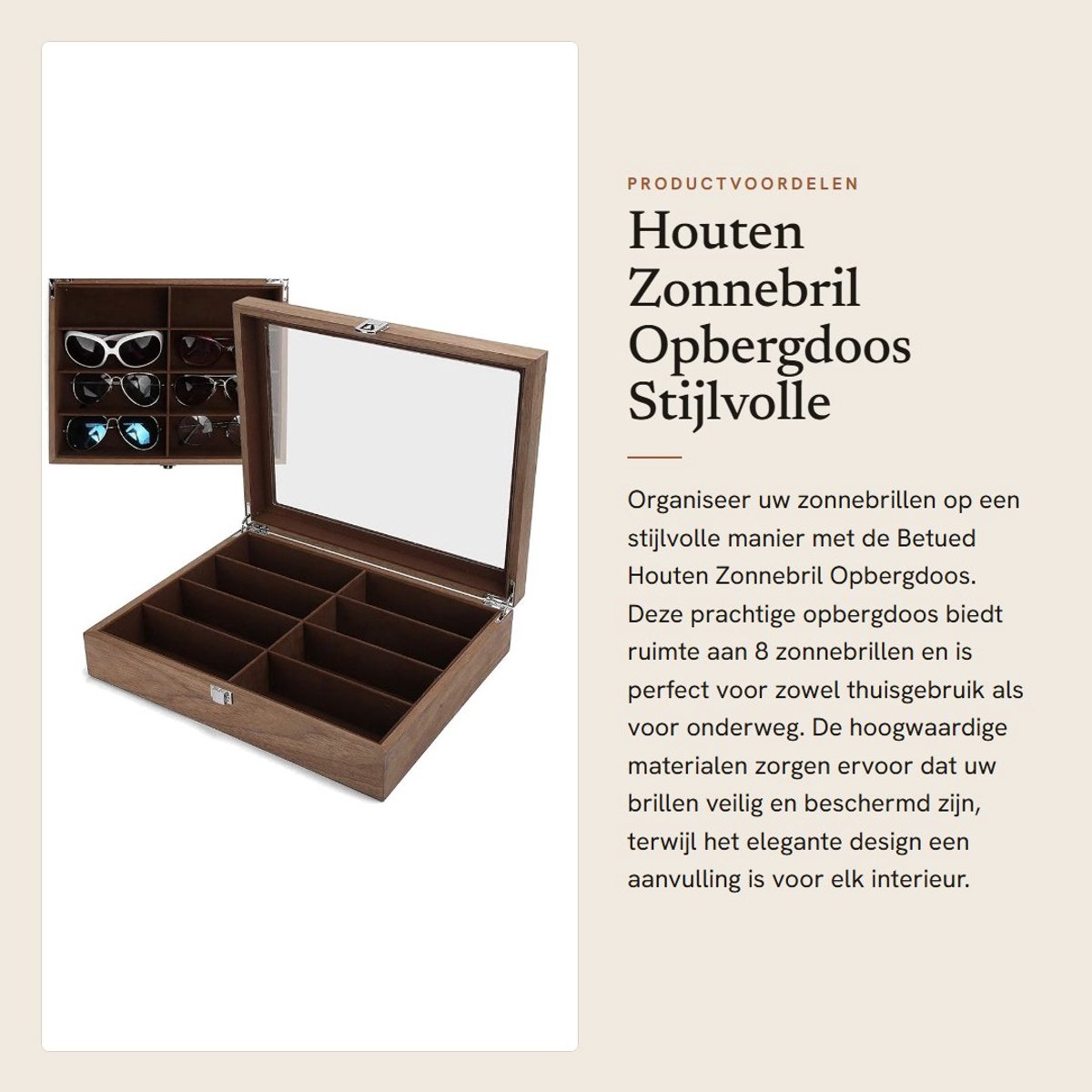 Dailygoods- Zonnebrilhouder - Houten Brilhouder - Opbergdoos voor Zonnebrillen - 8 Compartimenten - Duurzaam - Mooi Design - Brilopberger