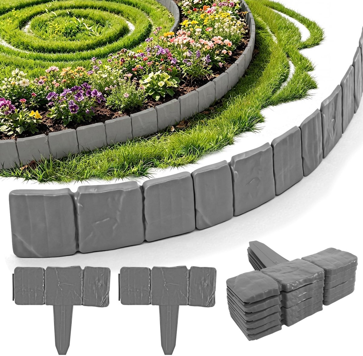 Dailygoods- Gazonrand Kunststof - 20 Stuks - 5 m - Bloembed-Omranding - Perkranding - Steenlook - Flexibel en Duurzaam - Bloembedrand