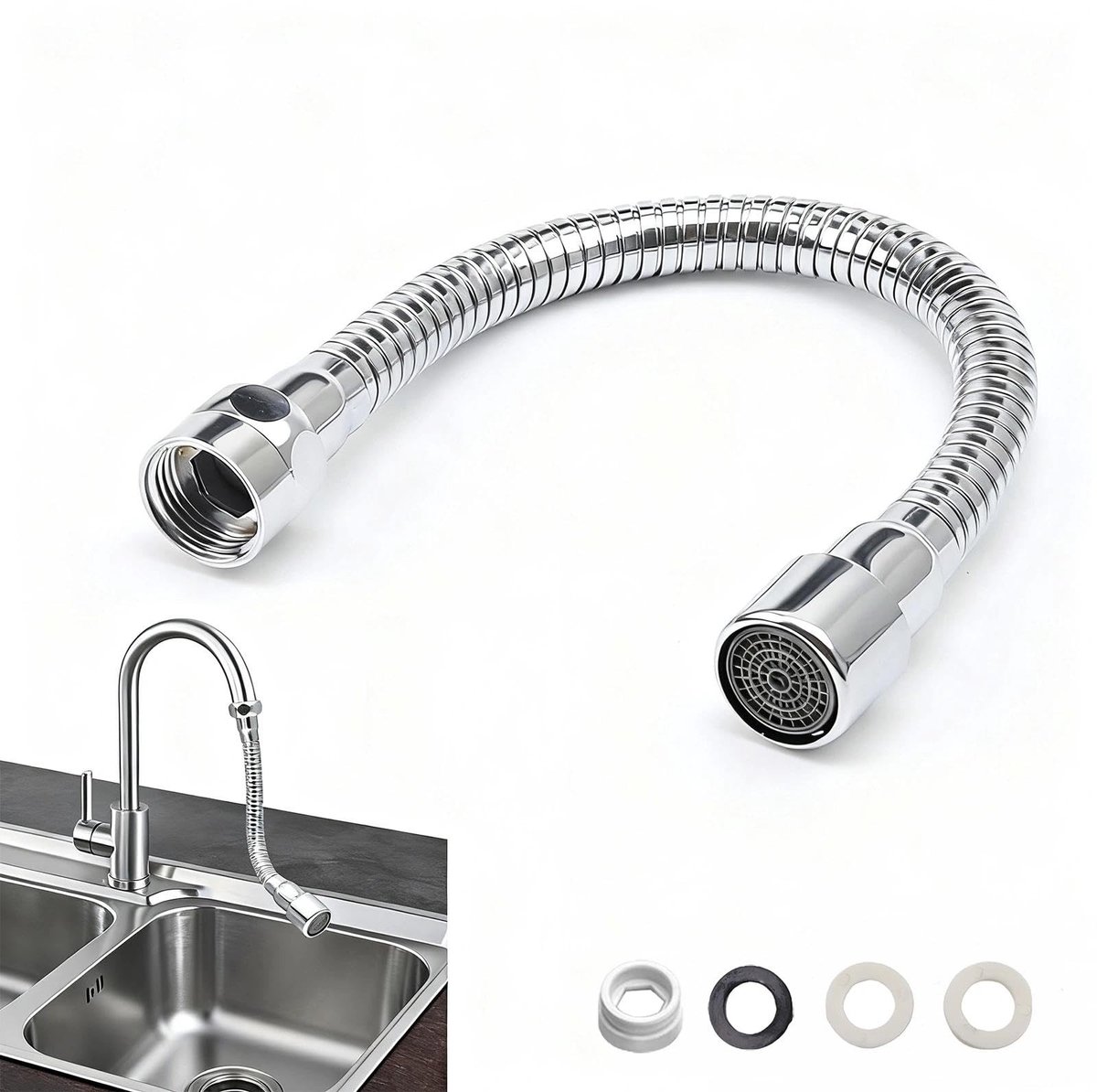Dailygoods - Kraanverlenging - 30 cm - 360° Verstelbaar - Zilver - Roestvrijstalen Waterkraan - Ideaal voor Keuken - Flexibel en Eenvoudig te Installeren