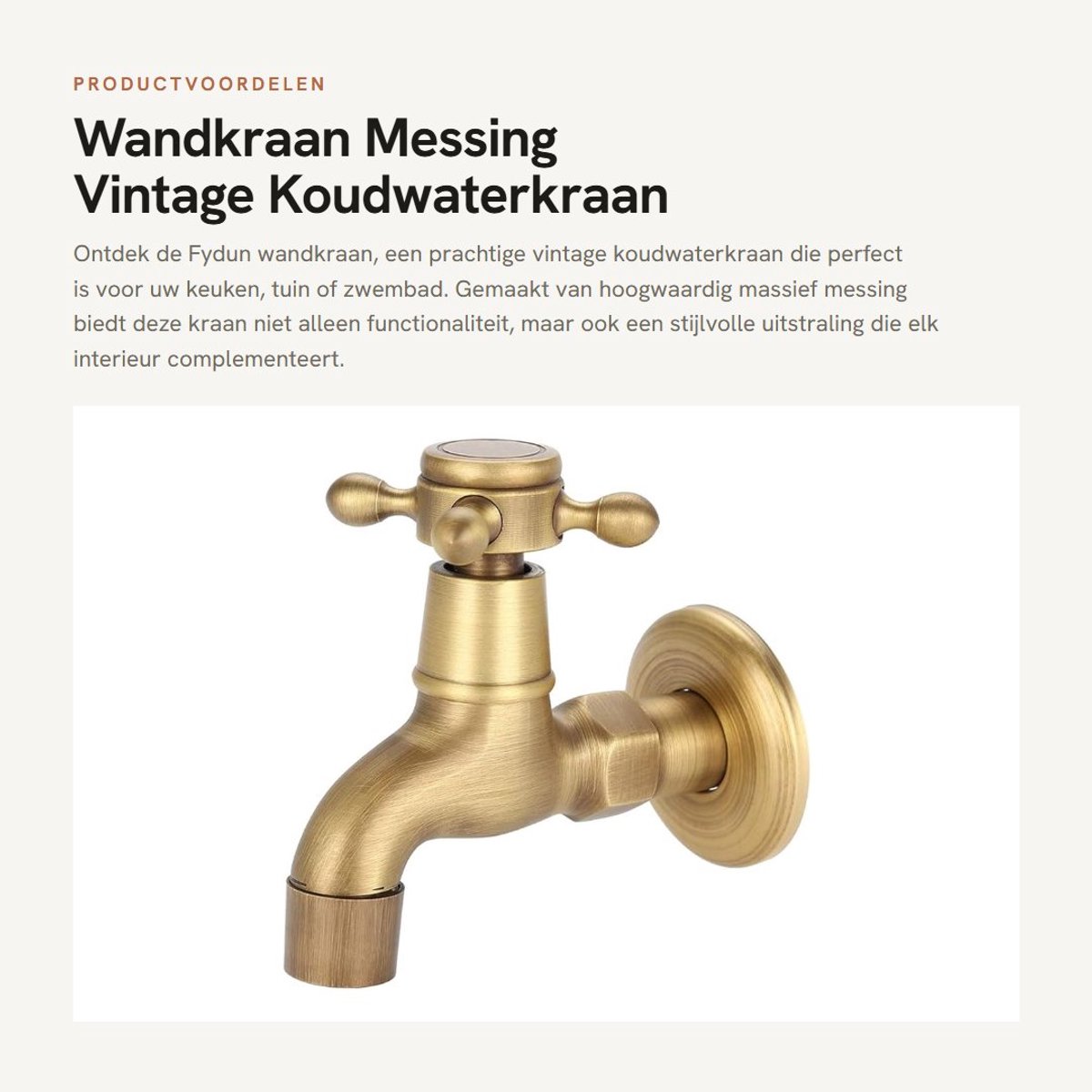 Dailygoods- Wandkraan Vintage - Massief Messing - Enkele Handgreep - Wandmontage - Keuken/Badkamer - Lengte 12,5 cm - Hoogwaardige Kwaliteit - Buitenkraan