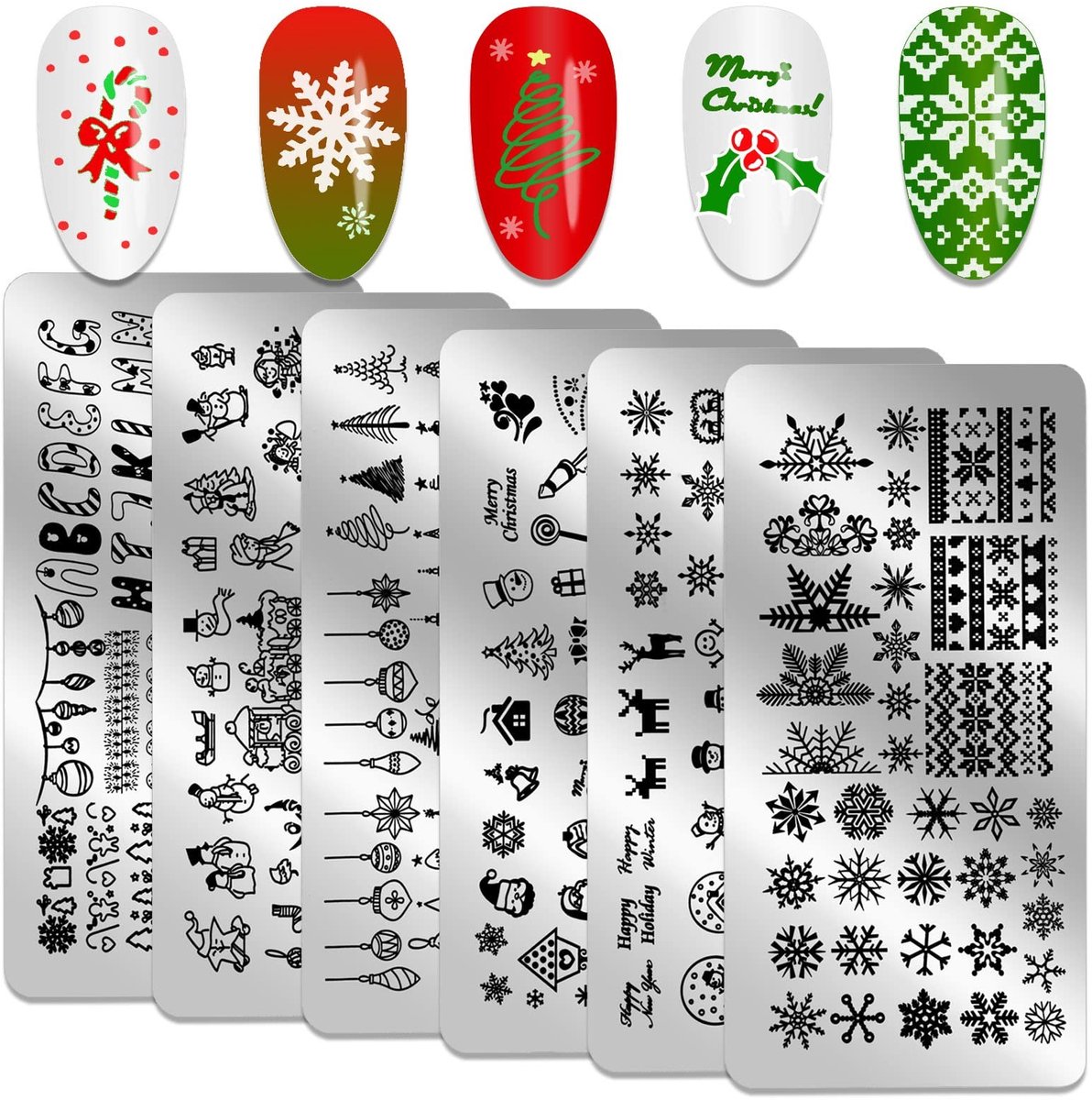 Solidchoice- Nail Art Platen 6 Stuks - Kerst Stempelen Platen - Santa/Rendier/Kerstboom/Sneeuwvlok - DIY Manicure - Inclusief Stamper/Schraper - Voor Duurzaam Resultaat - Nail Stempels