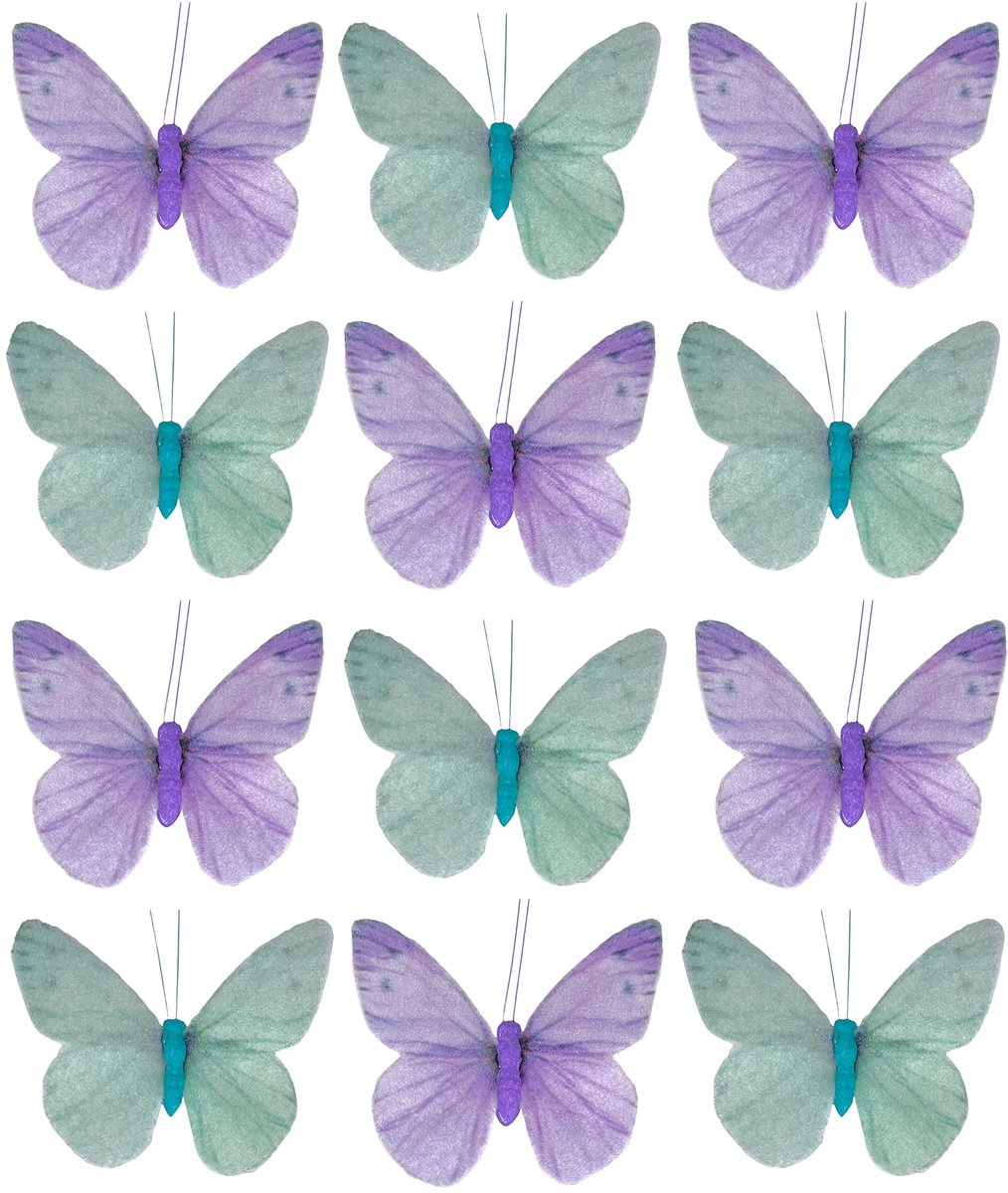 Solidchoice- Decoratieve Vlinders 12-delige Set - Kleurrijke Decoratie - Metalen Clips - Delicate Veren/Tule - Glitter Accenten - Eenvoudig te Bevestigen - Decoratievlinders