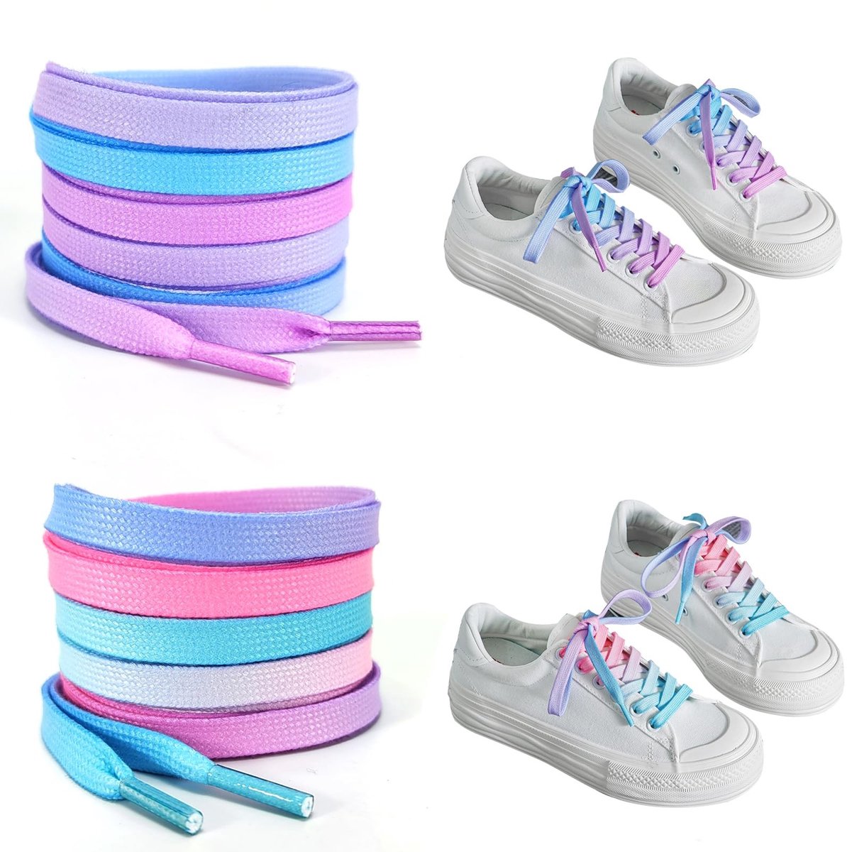 Solidchoice - EQLEF Regenboogveters, 2 paar veters in verschillende kleuren, veters voor meisjes, kleurrijke veters met platte zool, 120 cm, 5-6 gaten, vrijetijdsschoenen, canvas schoenen, Roze, 120