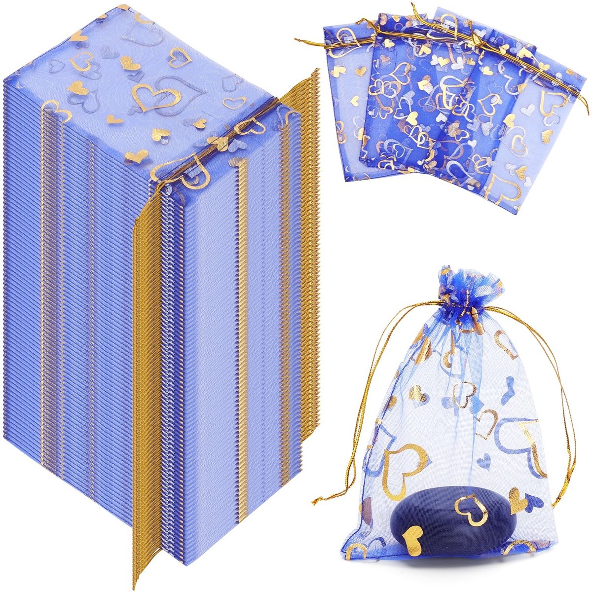 Dailygoods- Organza Zakjes Blauw met Hartpatroon - 100 Stuks - Kleine Geschenkzakjes - Bruiloft/Gastgeschenken - Sieradenzakjes met Trekkoord - 16 x 11 cm - Cadeauzakjes