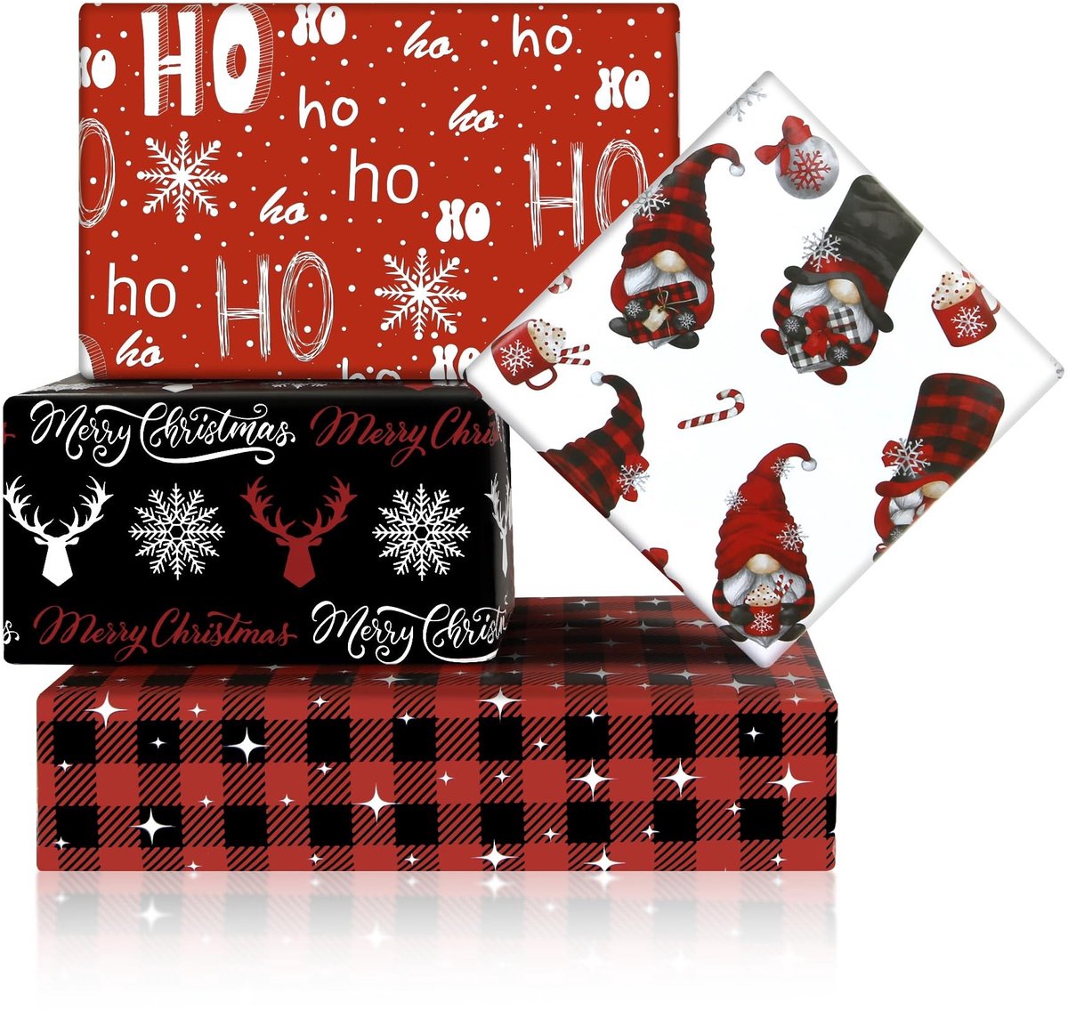 Dailygoods- Inpakpapier Kerst - Set van 8 Vellen - Scandinavisch Design - Rood/Zwart Plaid/Gnome/Rendier - Duurzaam Kunstpapier - 50 x 70 cm - Cadeaupapier