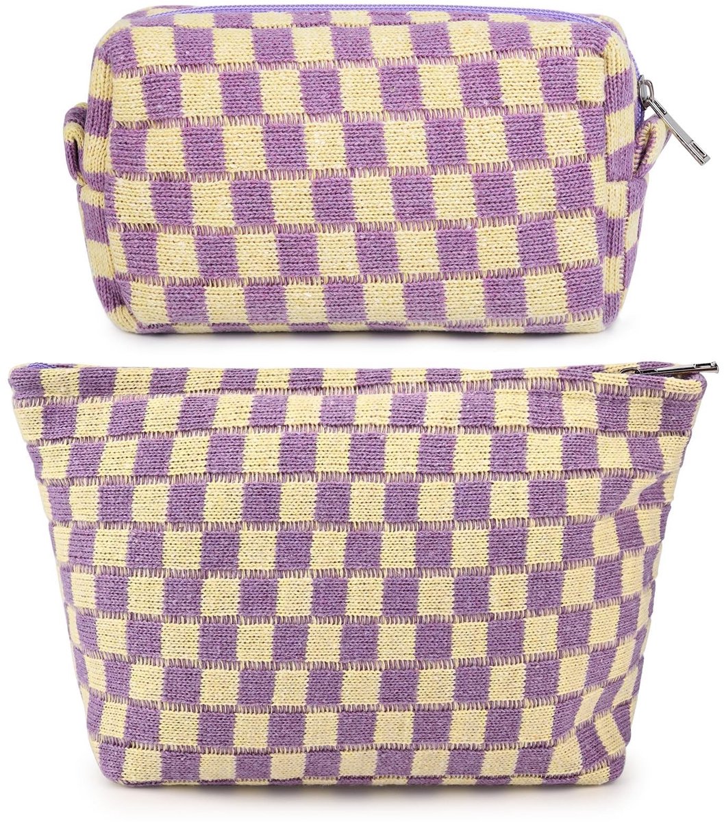 Dailygoods- Make-up Tas Grote Capaciteit - 2 Stuks Cosmetische Tassen - Draagbare Toilettas - Geruite Reistas - Hoogwaardige Materialen - Comfortabel en Duurzaam - Cosmetica Tas