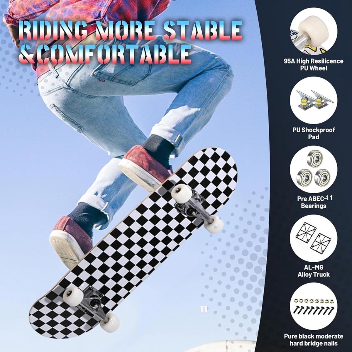 Dailygoods- Skateboard voor Beginners - 7 Lagen Esdoornhout - 80 x 20 cm - PU-wielen 55 mm - Geschikt voor Kinderen/Volwassenen - Max. Draagkracht 100 kg - Skateboardset