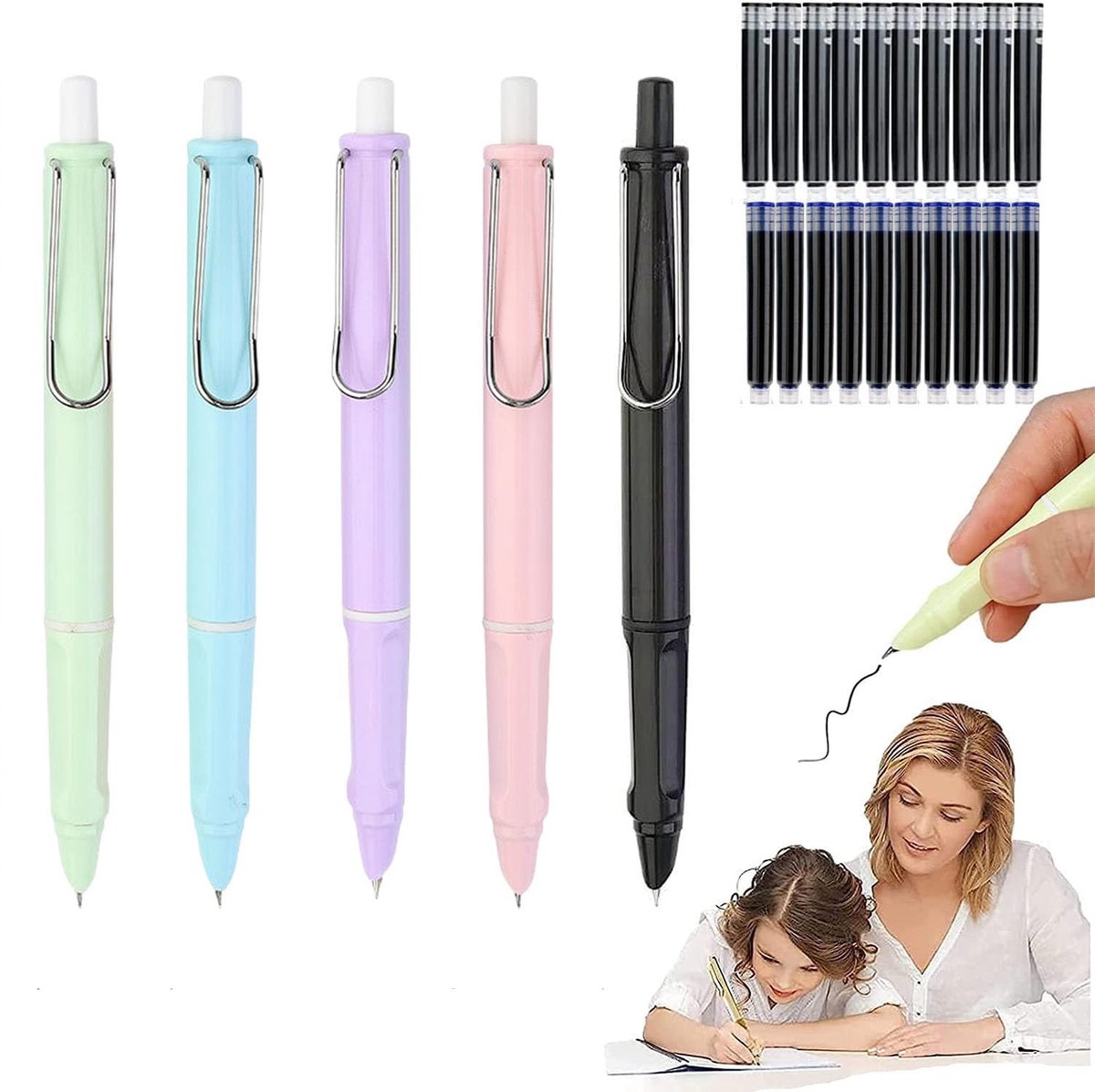 Dailygoods- Vulpen intrekbaar - navulbare inkt - extra fijne punt - kunststof behuizing - zilveren penpunt - soepel schrijven - Schrijfpennen