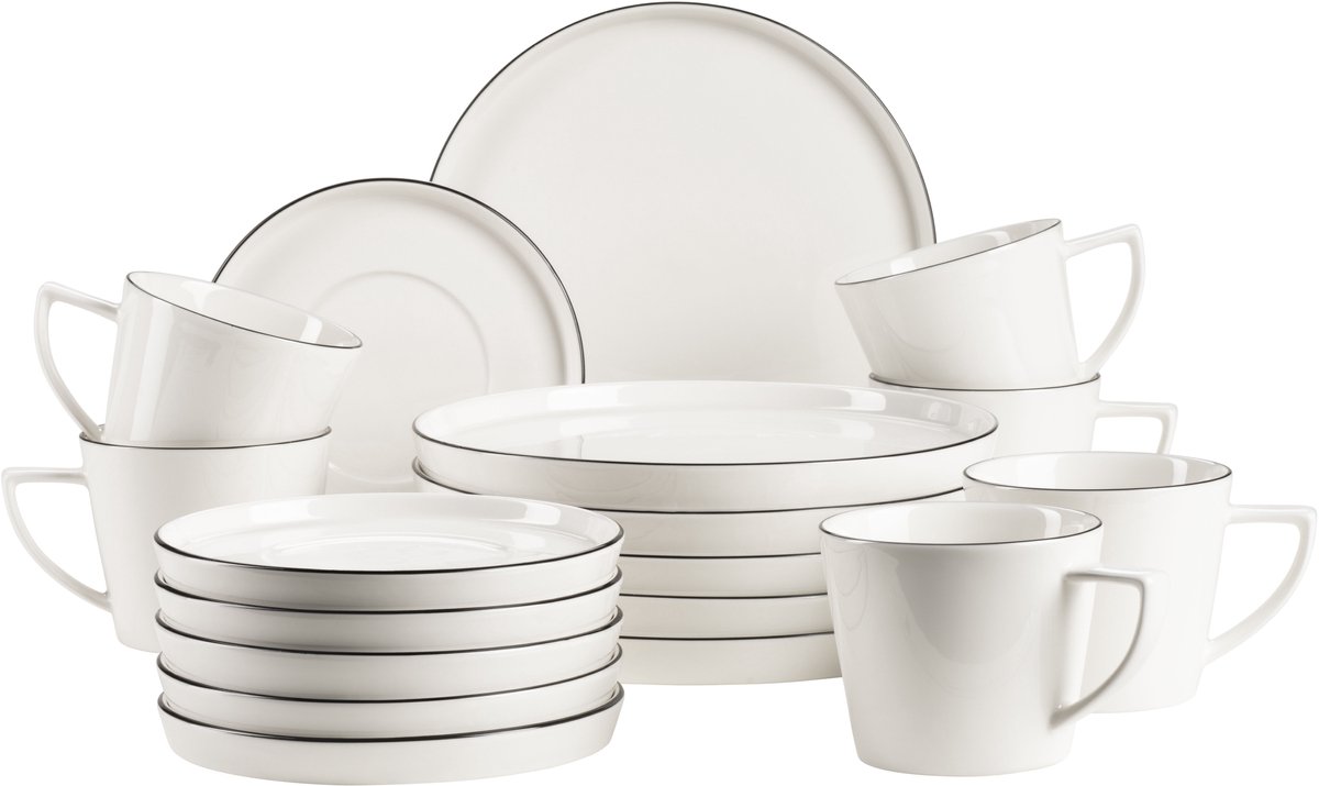 Mäser Koffieservies SITA 18-delig met Zwarte Rand - Compleet Servies voor 6 Personen - Elegante Porseleinen Koffiekopjes en Schotels - Moderne Tafelservies Set