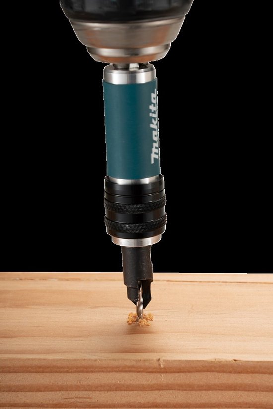Makita schroefbit met boor in houten plank.