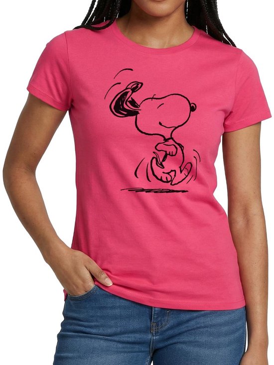 Dames T-shirt in felroze met een zwarte tekening van Snoopy die rent.