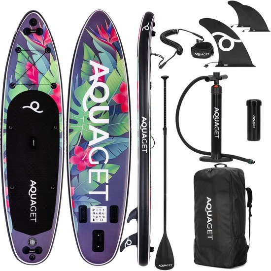 Aquaget® SUP Board - Opblaasbaar Paddle Board - Met Tas - Met Zitje -Inclusief Accessoires - Complete Set - Max. 150KG - 320x81cm - Meerkleurig