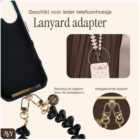 Close-up van zwart hartjes telefoonkoord, adapter en iPhonehoes. Text: 'Stijlvolle oplossing' en 'Lanyard adapter'.