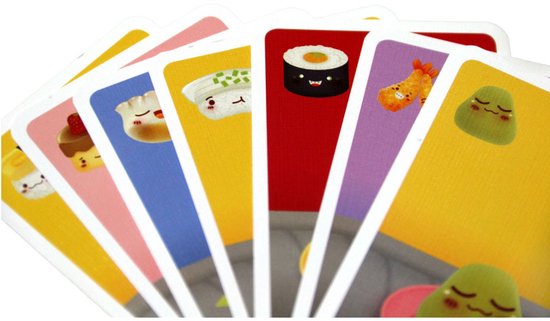 Gekleurde kaarten met schattige sushi-personages, waaronder nori-rollen, tempura en dumplings.