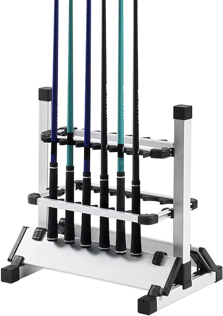 Dubbele Rod Holder voor 12 Vissenstokken, Stevige Aluminium Vissersstandaard, Ruimtebesparende Opbergoplossing voor Buitenactiviteiten en Hengelsport 44.5 x 50 x 32.5cm