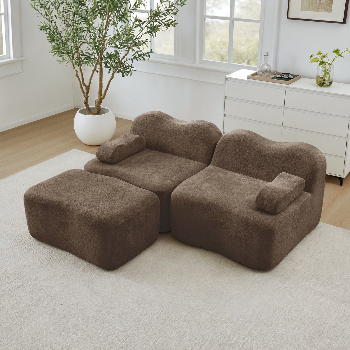 DESMIU Hoekbank 192 x 167 x 70 cm - Modulair 2-Zits Boneless Sofa Met Ottoman - Voor Woonkamer En Appartement - Velvet - Bruin