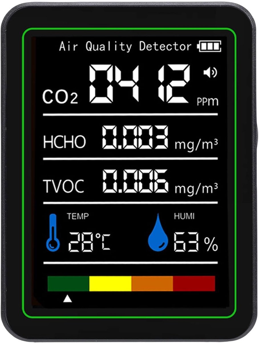 Luchtkwaliteitsdetector - Luchtmeter - Binnenlucht Meten - 5-in-1 Meting - 1200 mAh Batterij - Zwart